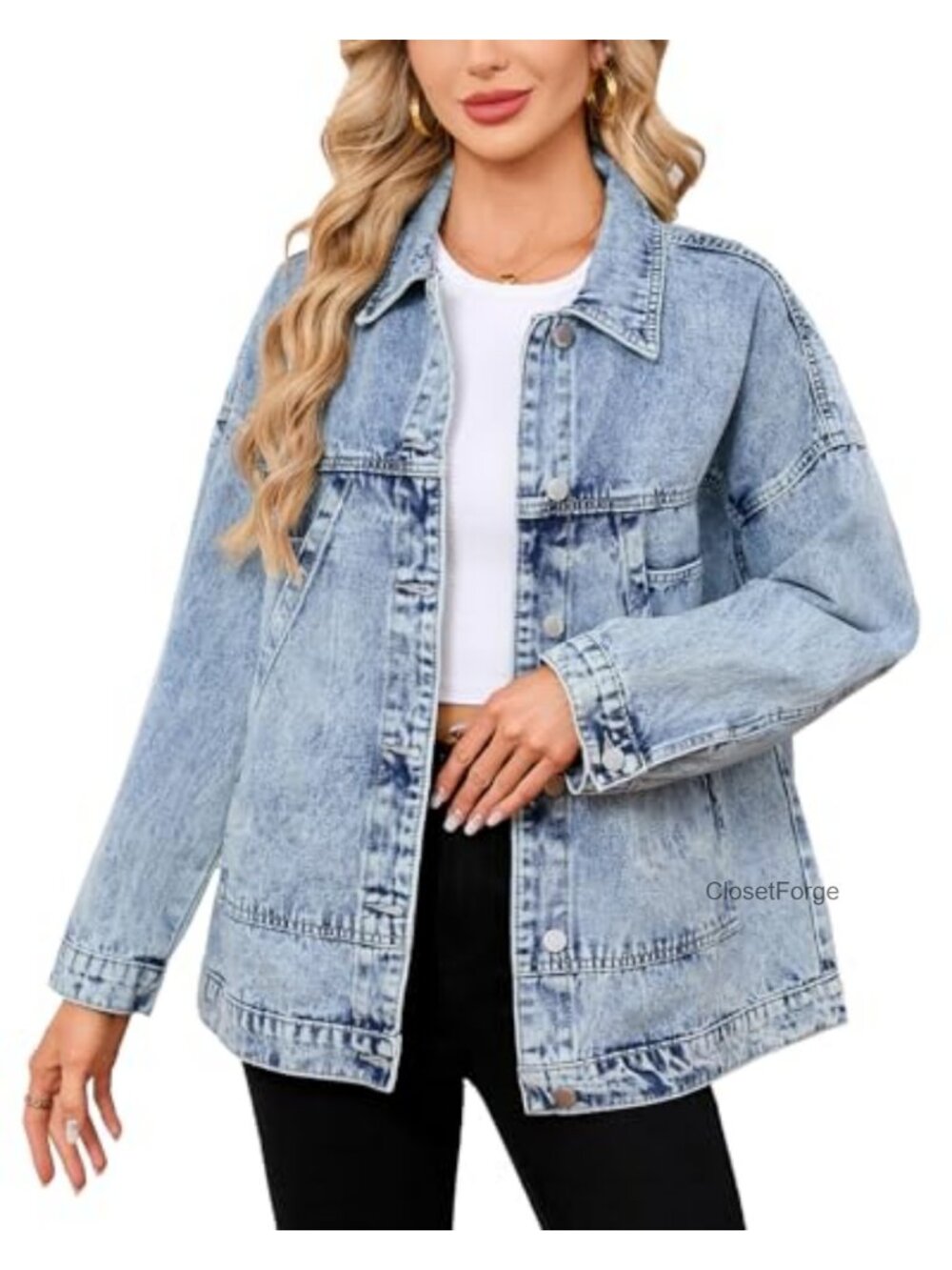 Oversized Boyfriend Denim Jacket Long Sleeve Button Front with Pockets